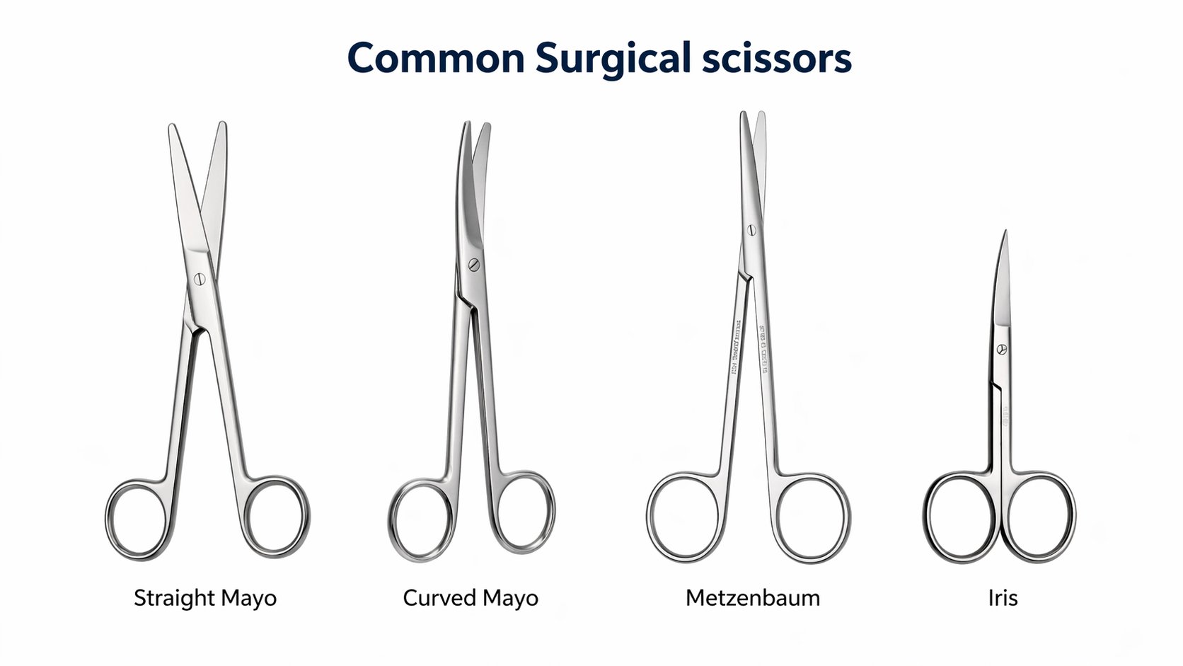 Surgical scissors: straight Mayo, curved Mayo, Metzenbaum, and Iris.