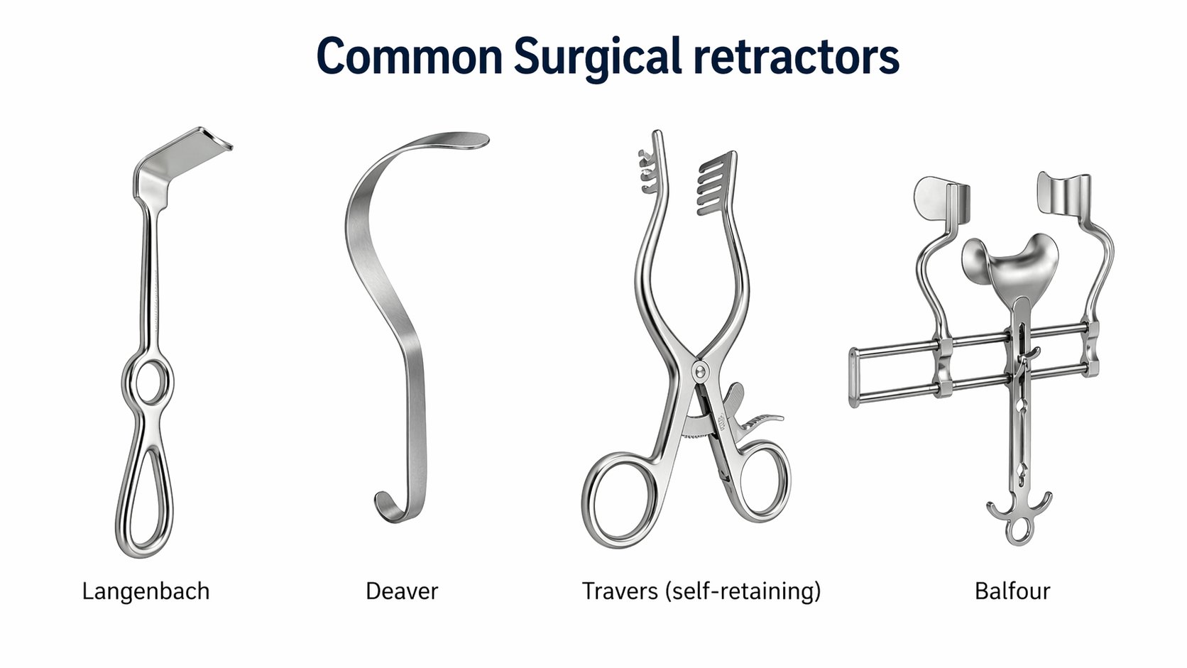 Retractors: Langenbeck, Deaver, Travers self-retaining, and Balfour.